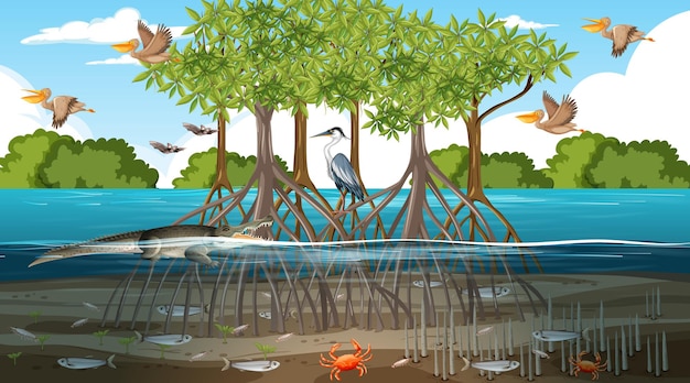 Vector mangrove forest landscape scene at daytime with many different animals