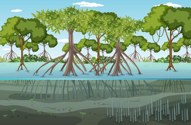 Vettore scena del paesaggio della foresta di mangrovie di giorno