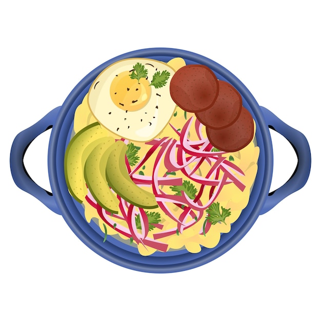 Mangu 緑のオオバコの目玉焼きとアボカドをマッシュしたトップ ビュー ラテン アメリカ料理