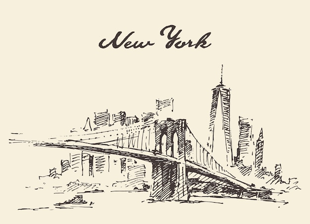 Manhattan bridge. New York, United States. Vector illustration, hand drawn, sketch