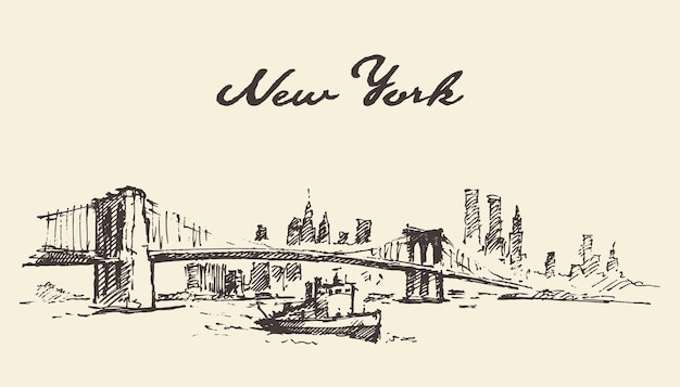Vector manhattan-brug. new york, verenigde staten. vectorillustratie, met de hand getekend, schets