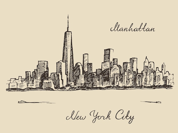 Manhattan new york united states of america, engraved vector illustration, hand drawn, sketch