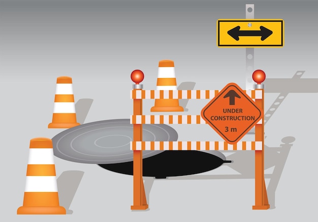 Vector manhole with cone and board warning