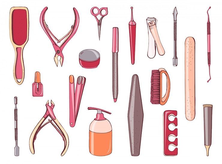 Vector manicure equipment set. collection different tool nailfile, clippers, scissors. hand drawn colorful illustration.