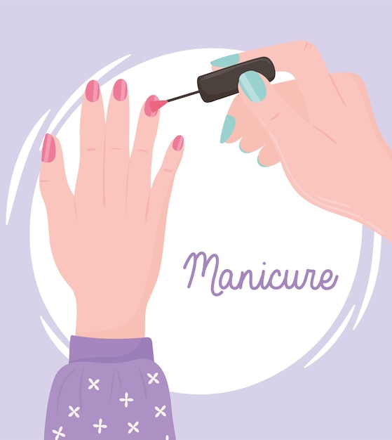 Manicure, female hand painting nails or applying nail polish illustration