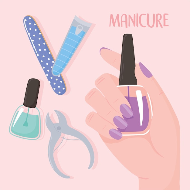 Manicure, female hand with nail polish file cutter cuticle accessories illustration