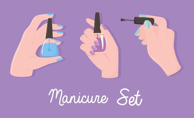 Manicure, female hands holds nails polish color, set purple background illustration