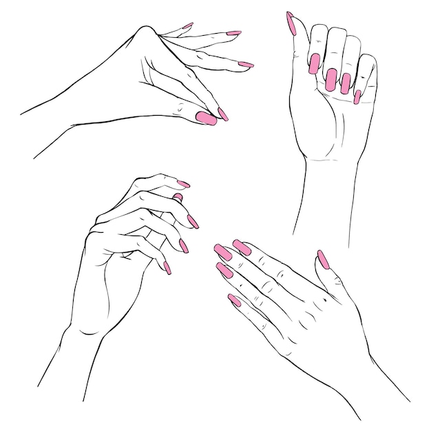 Vettore mani per manicure. raccolta di mani di donna elegante disegnate a mano in vari gesti.