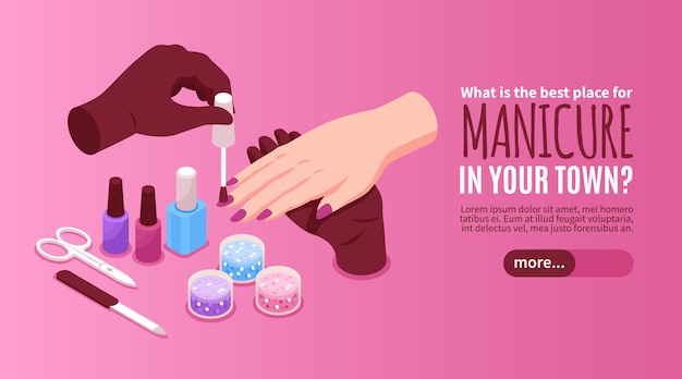 Vector manicure horizontal web banner with advertising of best beauty salon in town isometric