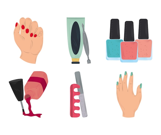 매니큐어 아이콘 모음, 매니큐어, 여성 손과 손가락 분리기 관리 도구 만화 스타일 그림