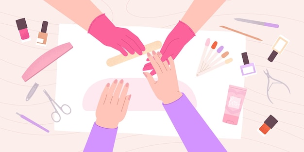 Manicure in een schoonheidssalon Vrouwelijke handen nagel- en armverzorgingsprocedure Professionele meester en klant Werkproces en gereedschappen racy vectorconcept