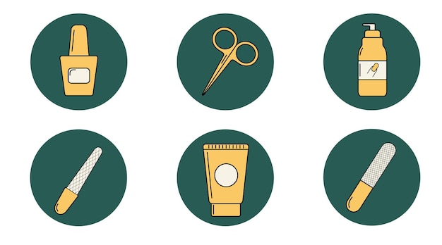 Manicure kit icons in green and yellow - scissors, cream, nail file, nail polish, nail polish remove