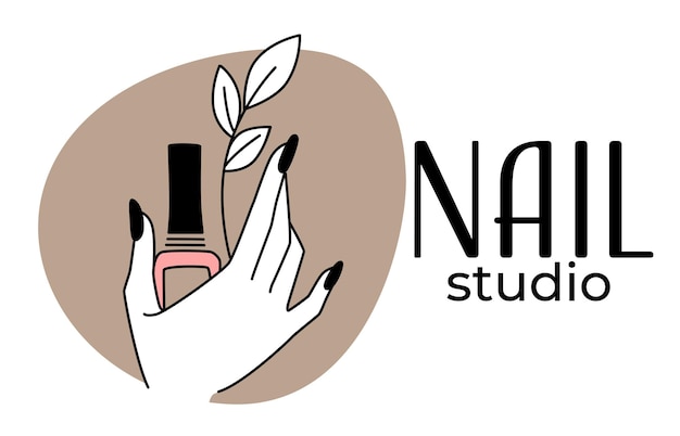Manicure and pedicure procedures in nail studio or beauty salon. isolated logotype with female hand with polished fingernail and floral branch. emblem or label with text, vector in flat style