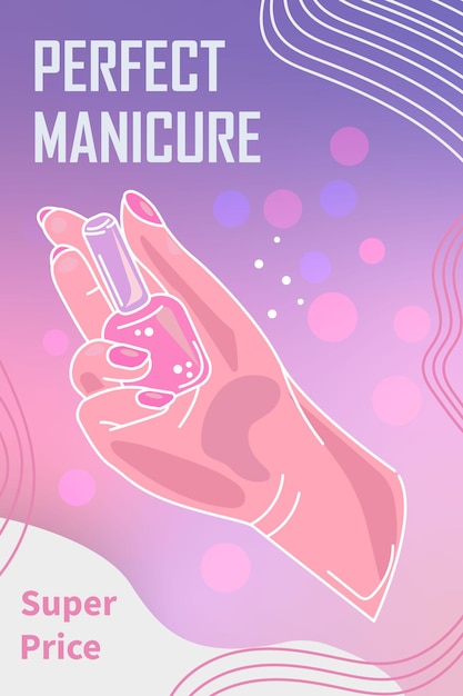 Manicure posterontwerp Beauty flyer met nagellakflessen en gemanicuurde vrouwelijke handen