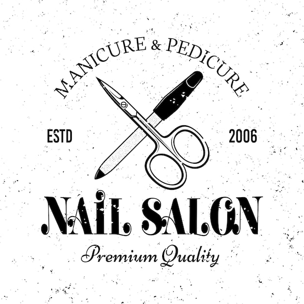 Manicure salon vector monochroom embleem label badge of logo met een schaar en nagelvijl geïsoleerd op een witte achtergrond