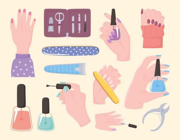 Manicure, set icons hands nail polish cutter file kit tools and accessories illustration