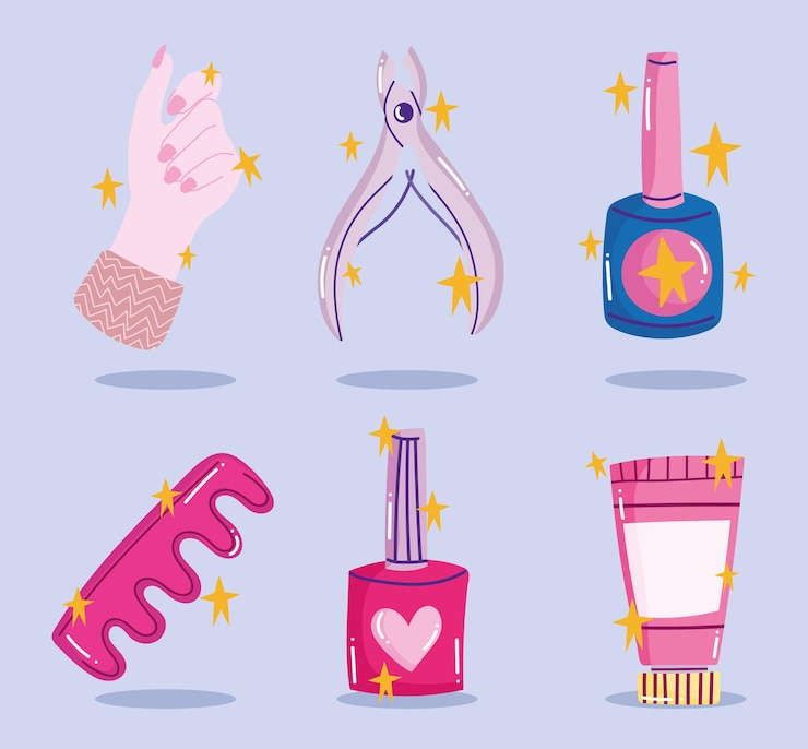 Vector manicure  set, tools nail polish finger separator cream and cuticle trimmer cartoon style design