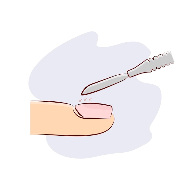 Manicure step pushing back the cuticle by metal pusher vector illustration