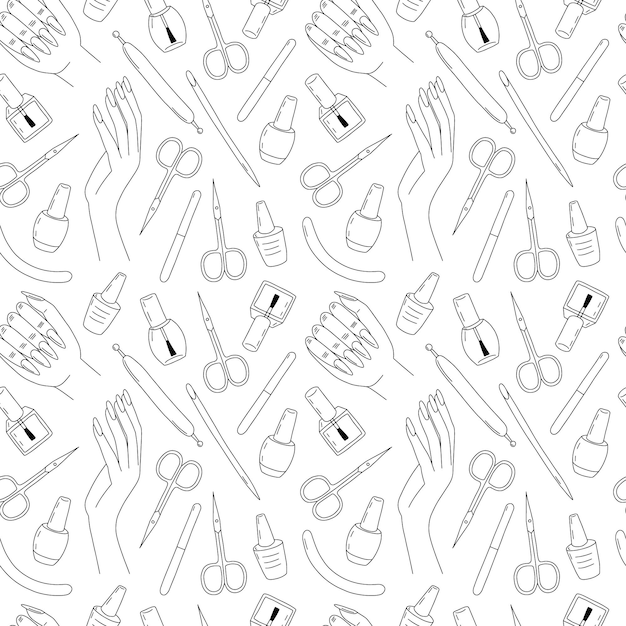 Manicure tools doodle seamless pattern Manicure scissors gel polish and woman hands on white background