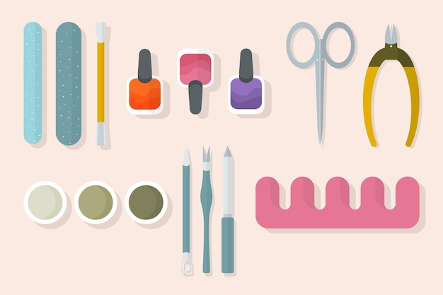 Manicure tools vector set. Various manicure accessories, beauty salon equipment. Nail scissors, nail file, nail polish etc. Cartoon vector illustration.