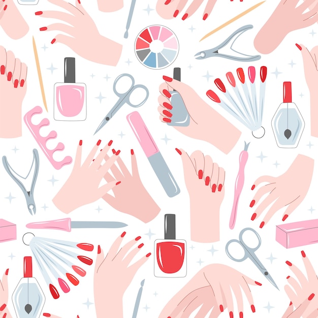 Vector manicure vector seamless pattern with hands and tools on white background