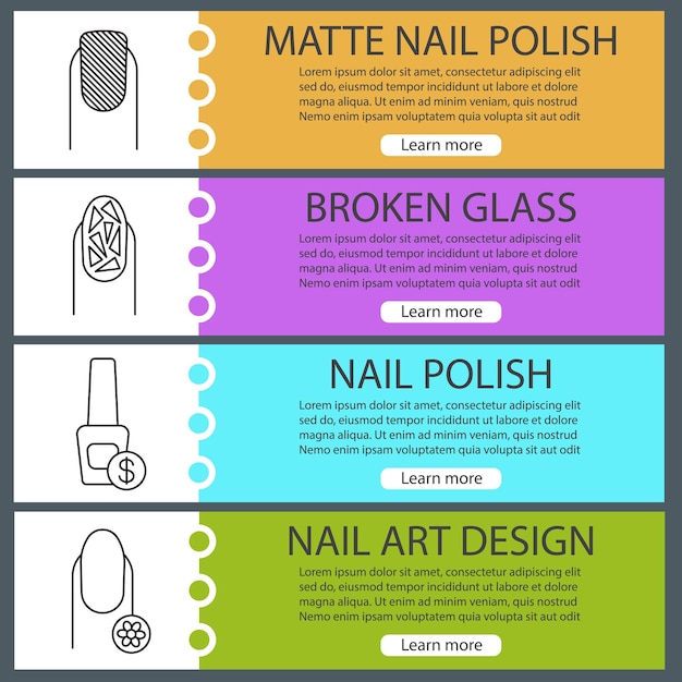 Vettore set di modelli di banner web per manicure. manicure in vetro opaco e rotto, bottiglia di smalto per unghie, unghia con fiore. voci di menu a colori del sito web con icone lineari. concetti di progettazione di intestazioni vettoriali