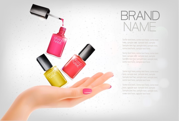 Vector manicured hands and several nail laquer bottles. vector illustration