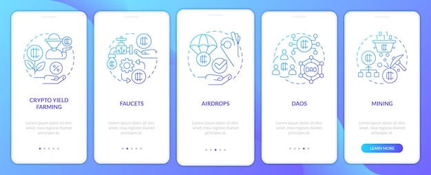 Manieren om geld te verdienen op crypto-blauwe gradiënt onboarding mobiele app-scherm