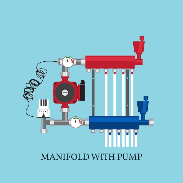 Manifold with pump for warm floor vector illustration flat heating concept