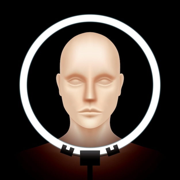 Manikin face lit by ring light woman portrait shooting on a black background vector illustration