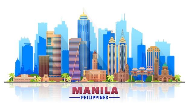 Orizzonte di manila filippine con panorama nella priorità bassa bianca. illustrazione vettoriale. concetto di viaggio d'affari e turismo con edifici moderni. immagine per banner o sito web.