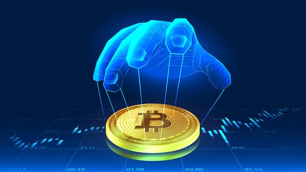 Vector the manipulation of bitcoin by someone's hand in futuristic concept with trends background