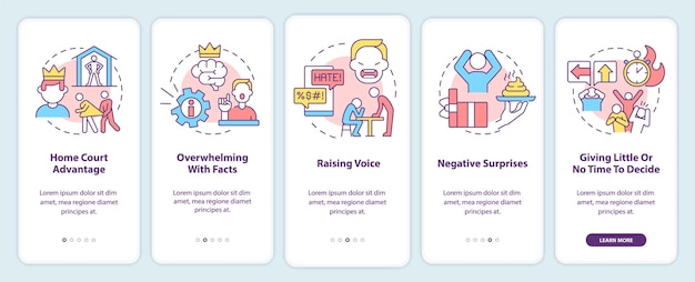 Manipulation examples onboarding mobile app screen Raising voice walkthrough 5 steps graphic instructions pages with linear concepts UI UX GUI template Myriad ProBold Regular fonts used