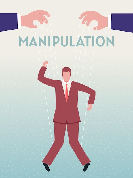 Manipulation puppet master is controlling people with strings vector illustration