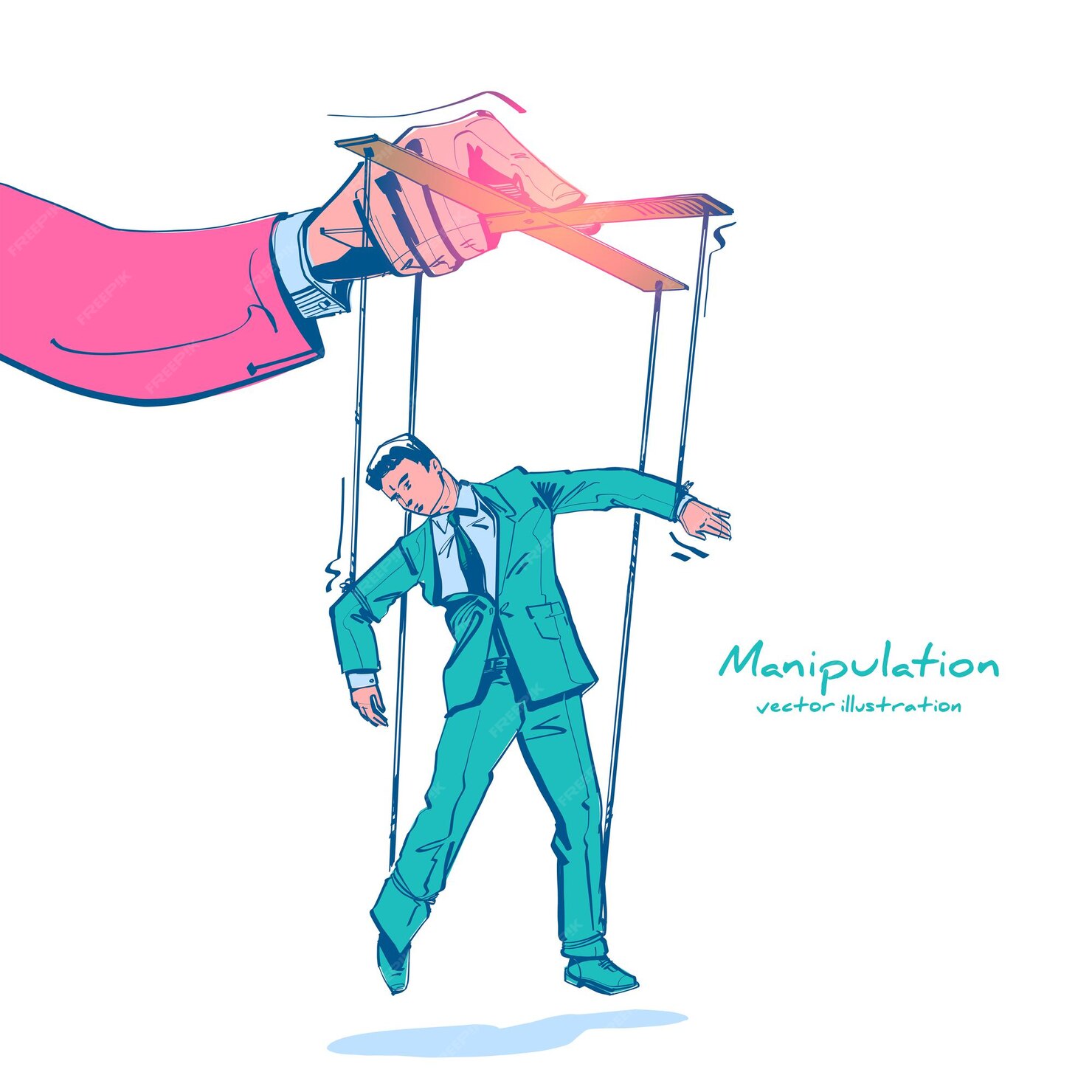 Premium Vector Manipulation sketch drawing. worker on ropes. abuse of