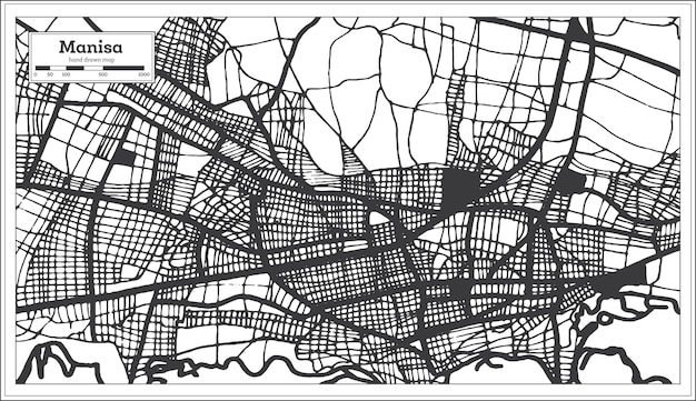 Mappa della città di manisa turchia in colore bianco e nero in una mappa di contorno in stile retrò