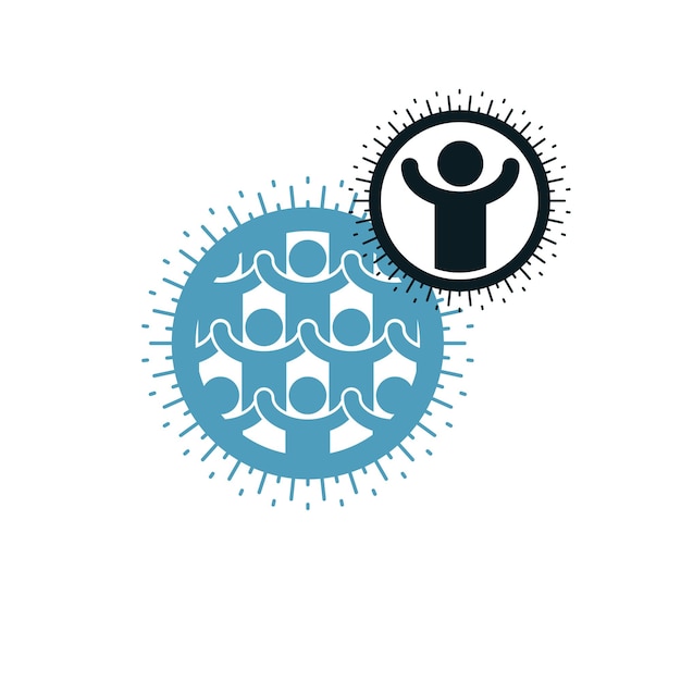 Mankind and Person conceptual logo, unique vector symbol created with different icons. System and social Matrix sign. Person and world interacts with each other. System and social Matrix sign.