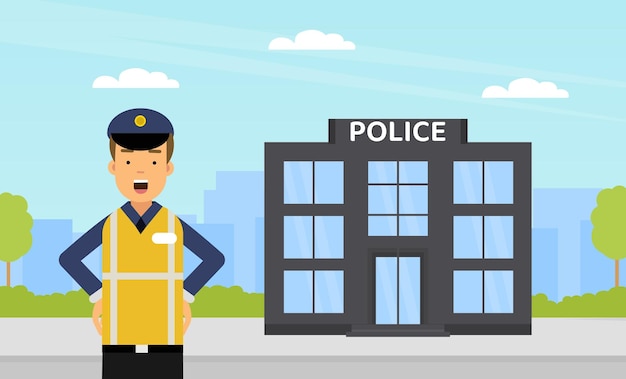 Manlijke verkeerspolitie in geel vest als snelwegpatrouille betrokken bij het toezicht op en de handhaving van de verkeersveiligheid op de wegen Vector illustratie