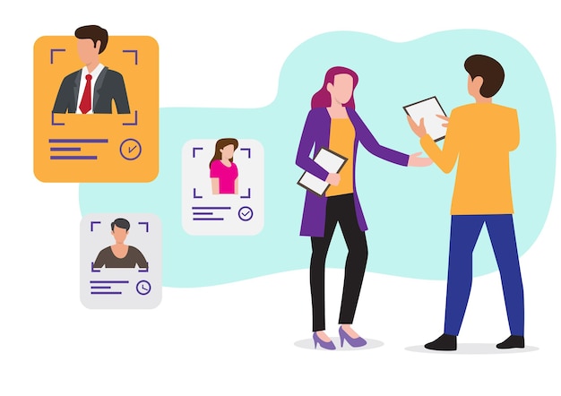 Mannelijk en vrouwelijk personeel dat voor de lijst van sollicitanten staat Het idee om werknemers of personeel te kiezen die werknemers aanwerven of inhuren cartoon platte kleurrijke vectorillustratie