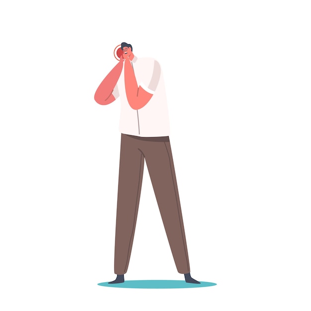 Mannelijk karakter dat sterke tandpijn voelt, man met sterke pijn geïsoleerd op een witte achtergrond. Gezondheidsprobleem, ziektesymptoom, lichaamsziekte. Stomatologische ziekte. Cartoon mensen vectorillustratie