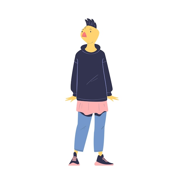 Mannelijk personage met kippenhoofd staand met spijkerbroek en hoodie Vector illustratie