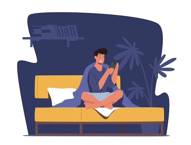 Mannelijk personage met telefoon zit in bed gewikkeld in deken Concept van gadgetverslaving Slapeloosheid Internetcommunicatie