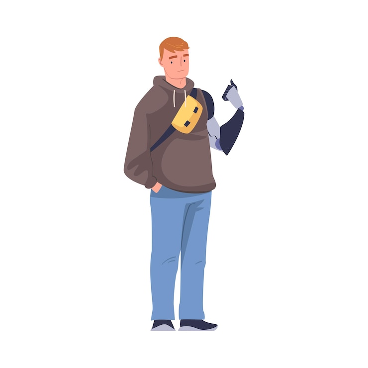 Vector mannelijk personage met vervangen robot armen als lichaamsdeel prothese herstel van normale functionering vector illustratie