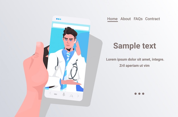 mannelijke arts in smartphone scherm online medische raadpleging gezondheidszorg geneeskunde concept patiënt met video-chat met arts horizontale kopie ruimte illustratie