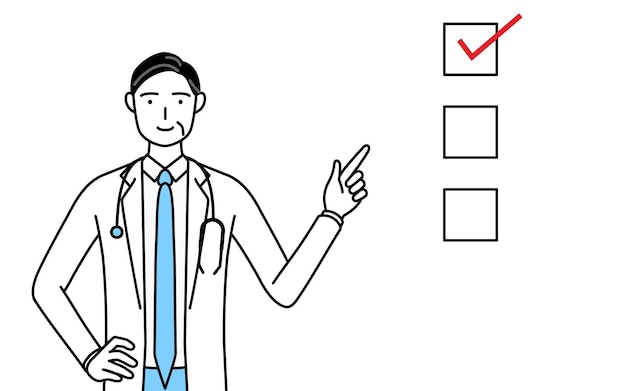 Mannelijke arts in witte jassen met stethoscopen senior veteranen van middelbare leeftijd die naar een checklist wijzen