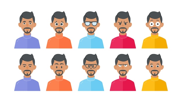 Mannelijke avatar en cartoon gezicht met verschillende gezichtsuitdrukkingen en karakter illustratie set