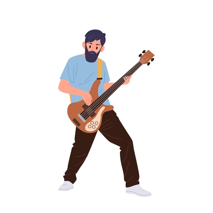 Vector mannelijke bassgitarist rockband cartoon personage die elektrische gitaar speelt muziekinstrument