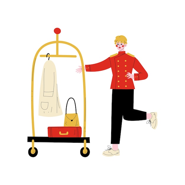 Mannelijke bellhop met bagagewagen hotelpersoneel personage in rood uniform vector illustratie