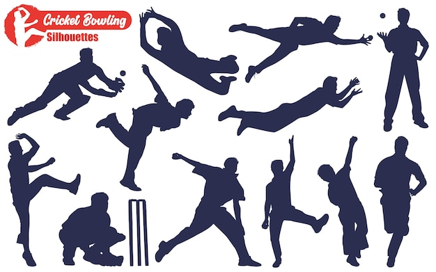 Mannelijke Cricket Speler Bowlen Silhouetten Vector Illustratie Pack