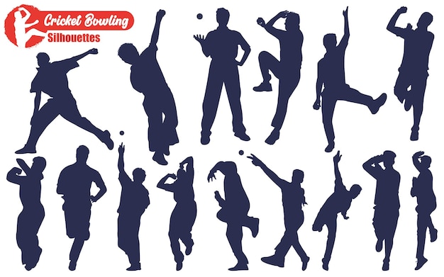 Mannelijke Cricket Speler Bowlen Silhouetten Vector Illustratie Pack